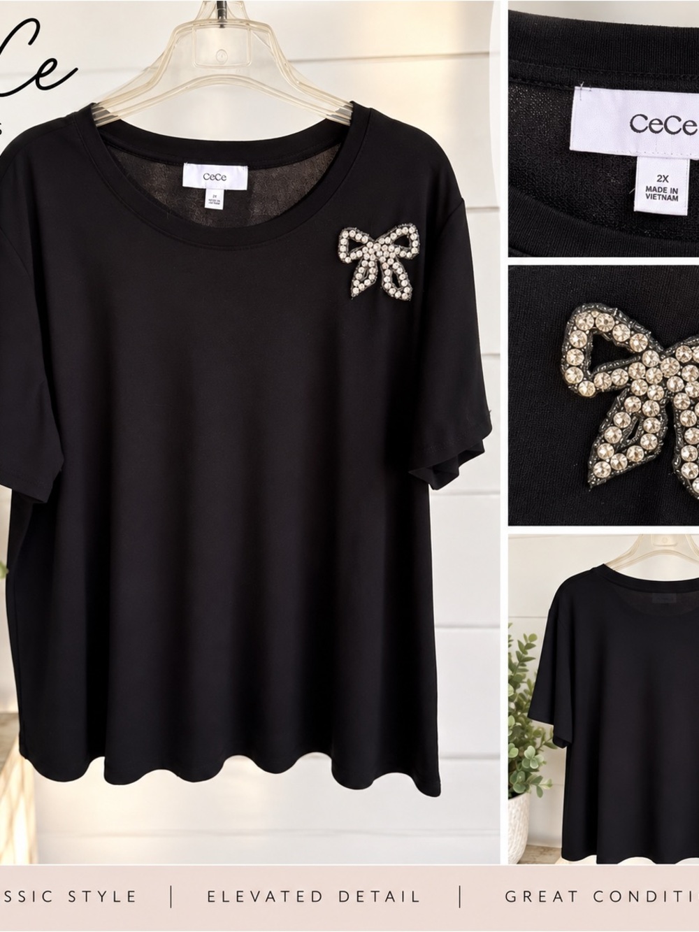 CeCe Black Short-Sleeve Tee with Rhinestone Bow Accent